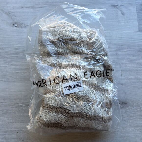 American Eagle Oversized Dreamspun Mock Neck Sweater Beige striped M NWT in pkg - Picture 2 of 4